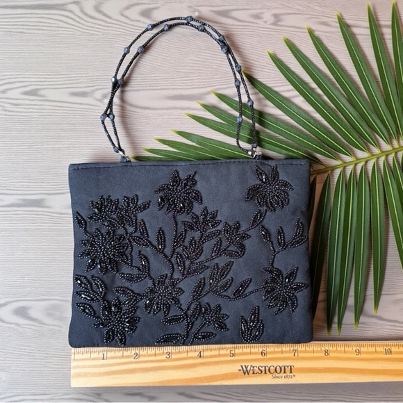 BEBE Black Beaded Evening Purse – Floral Shoulder Bag - Picture 6 of 11